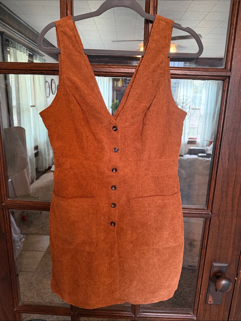 SHEIN Rust Corduroy Button-Front V-Neck Mini Dress